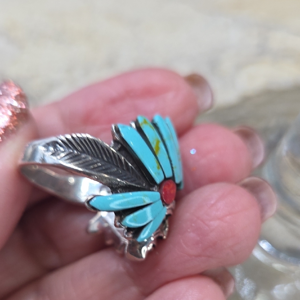925 Sterljng Silver Turquoise and Coral Native American Chief Ring - Picture 7 of 7